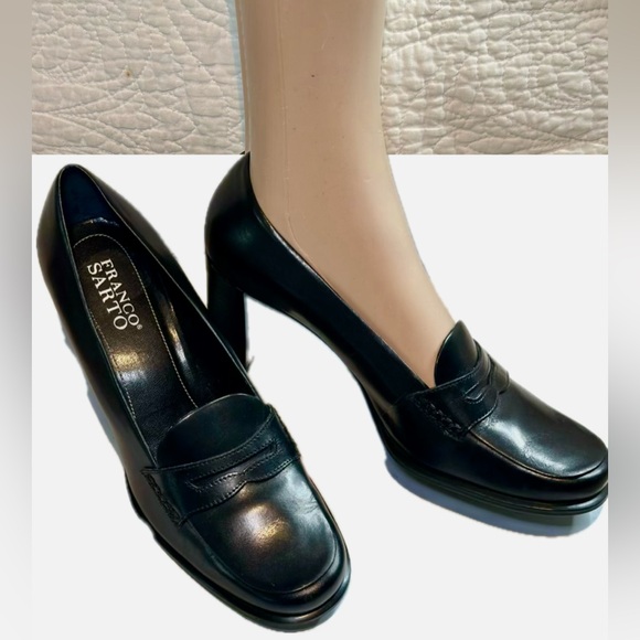 Franco Sarto Classic Black Leather Heeled Loafers - Picture 4 of 8